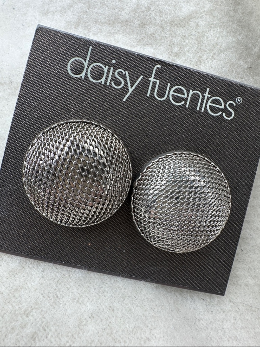 New on card Daisy Fuentes Silver Textured Mesh Button Earrings
